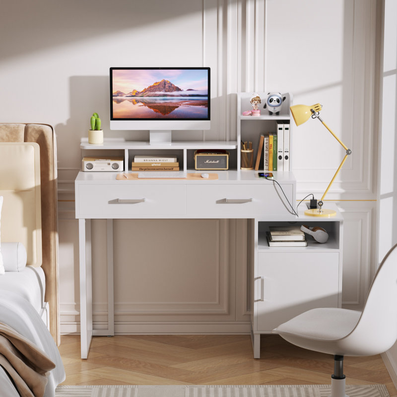 Small Vanity Desk With Charging Station, White