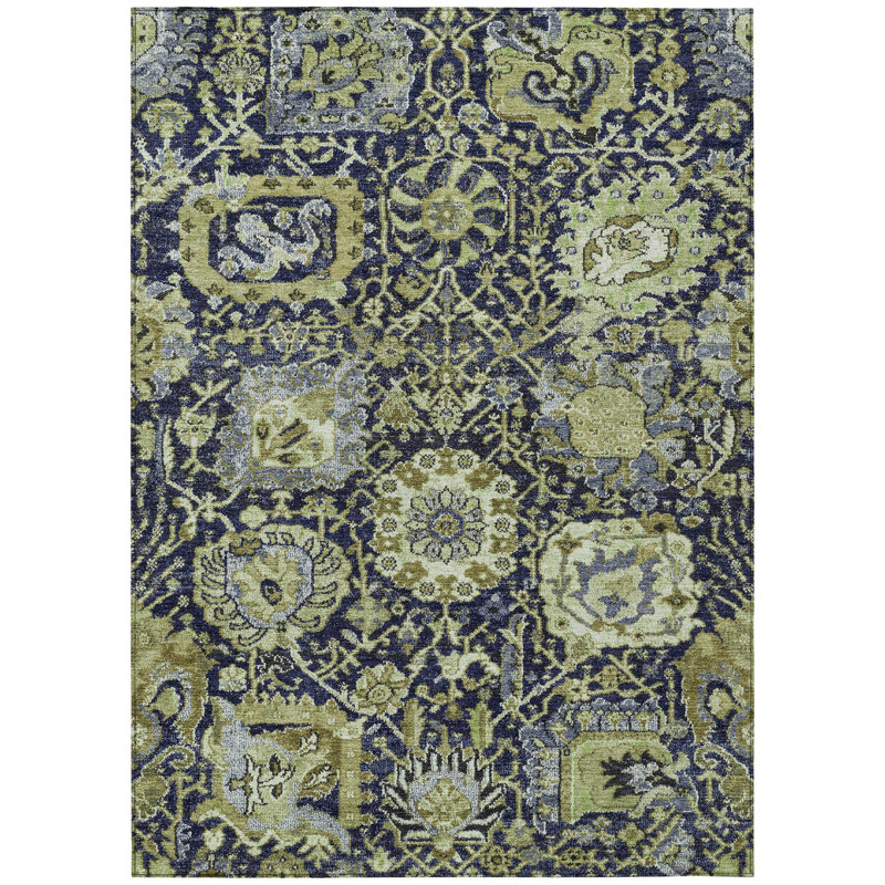 Tapis extérieur lavable damassé vert et bleu 5 pi x 8 pi