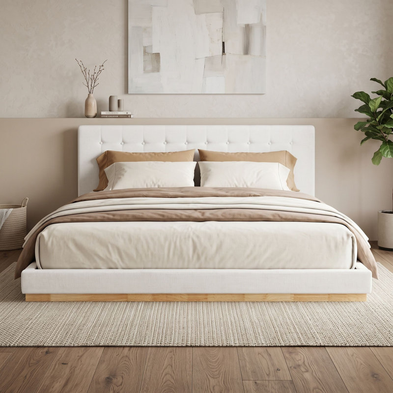 Wood King Platform Bed with Upholstered Chenille Headboard