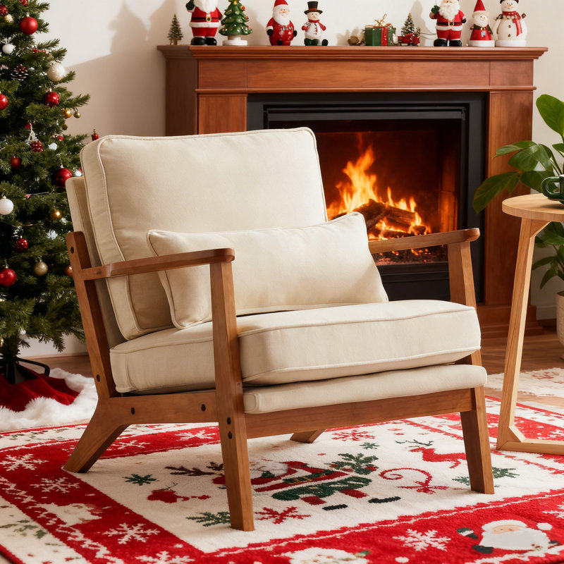 Lemley Upholstered Accent Chair With Wooden Legs And One Pillow, Beige Linen