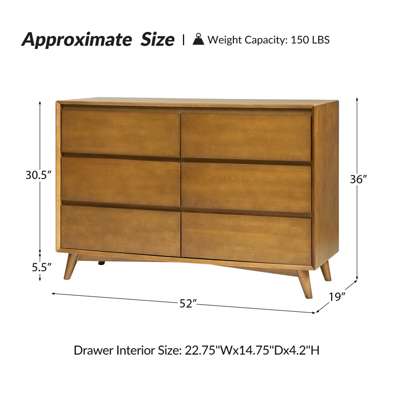 Noah 52'' W  Mid-Century 6-Drawer Dresser with Solid Wood Legs and Internal Partitions, Acron