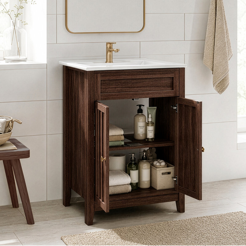 Meuble-lavabo 24 po en noyer avec lavabo en céramique à 2 portes, Noyer
