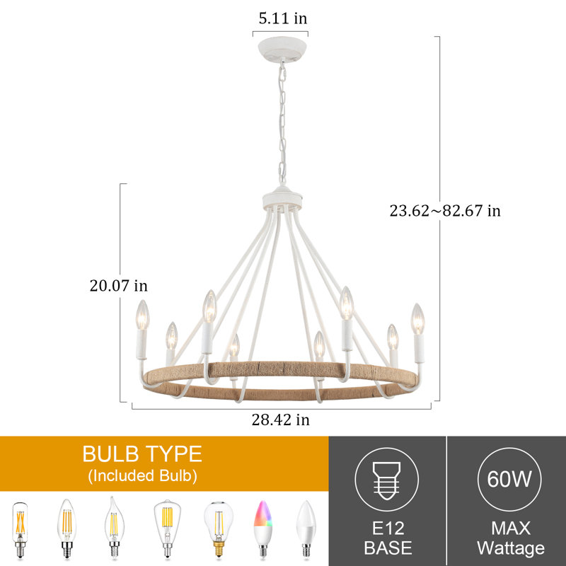 8-light Dimmable Wagon Wheel Rattan Chandelier, White, 8 Lights