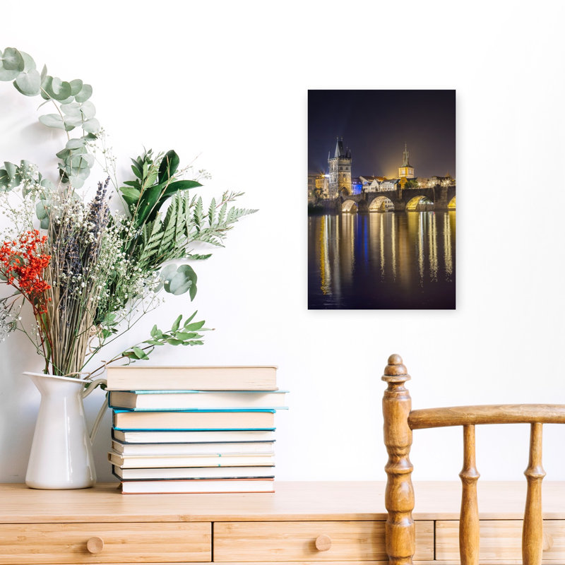 Prague Charles Bridge Night Peaceful Romantic Serene Architecture City Wall Art Print by Melanie Viola - Print