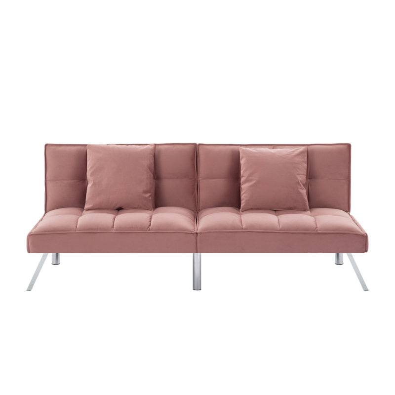 Futon Convertible Sofa Bed with Metal Legs, Rose Red Velvet
