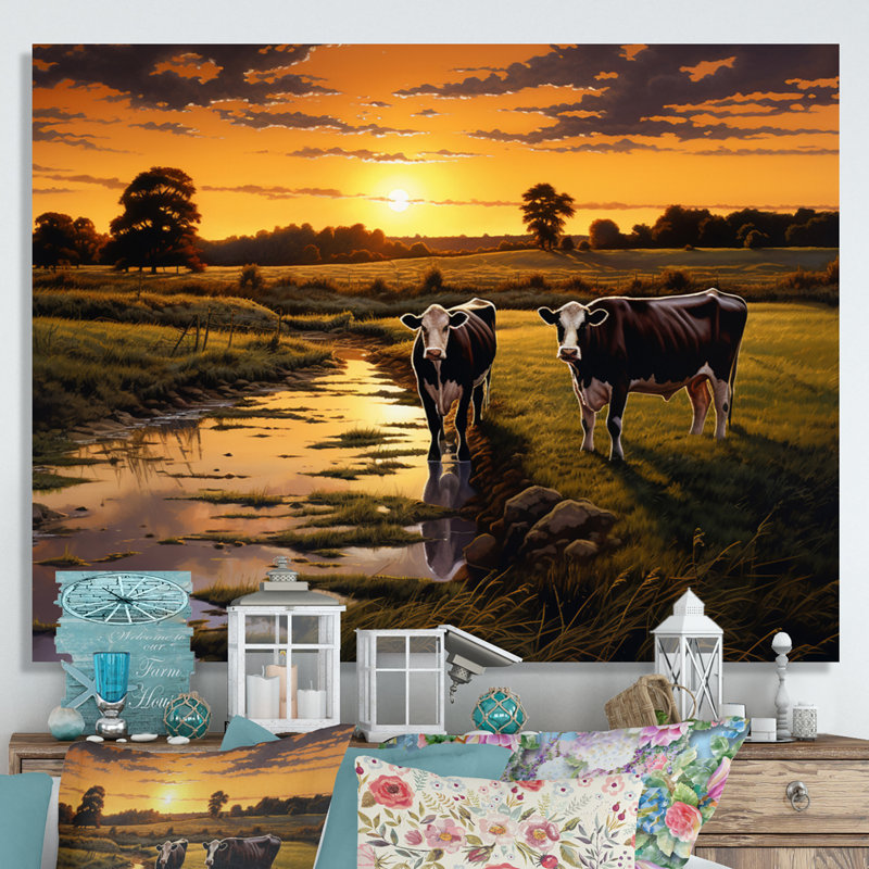 Cows At Farm Landscape IV, reproduction d'art sur toile, Toile tendue, H 34 po x l 44 po x P 1,5 po