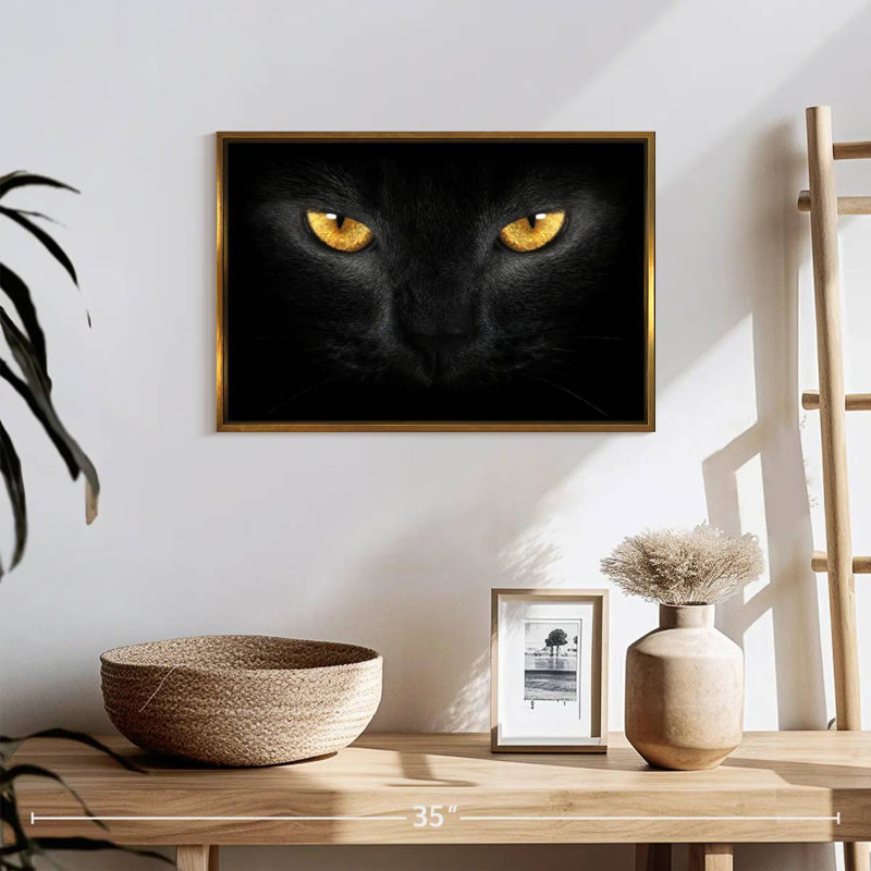 Chat aux yeux jaunes, 19 po x 13 po, Cadre flottant doré