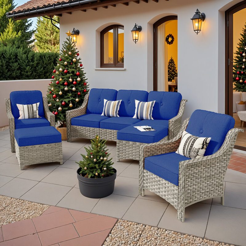 Harper Wicker 7 - Person Patio Conversation Set with Cushions, Navy