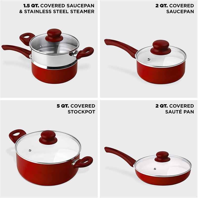 16 - Piece Non-Stick Ceramic Cookware Set, Red