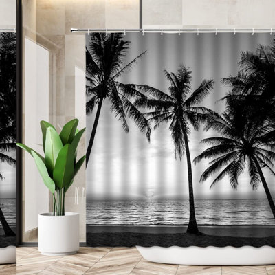 Tropical Oasis Palm Tree Shower Curtain - Minimalist Black & White Beach Landscape Bathroom Decor