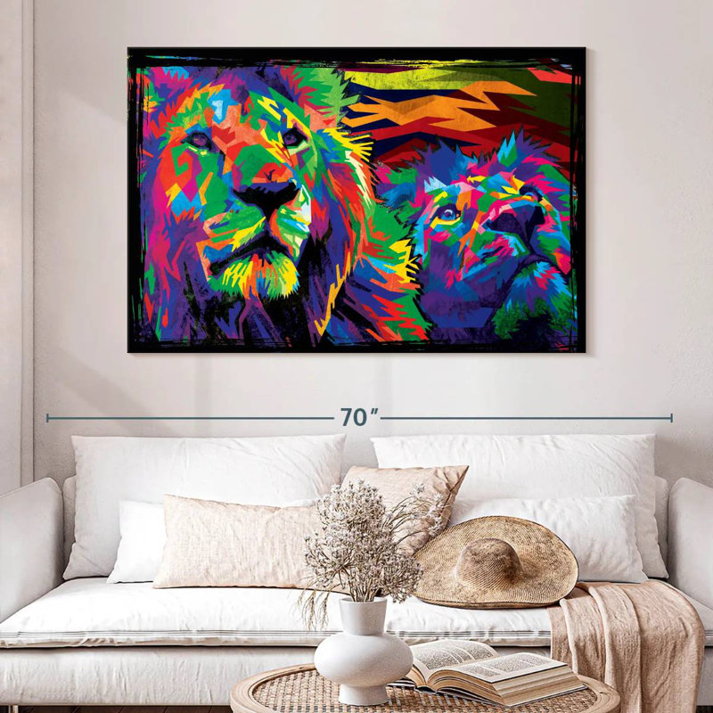 Paire de lions multicolores Brampt, H 34 po x l 51 po
