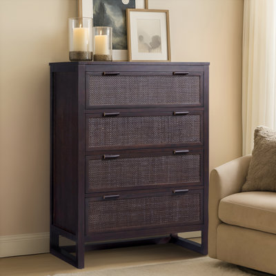 Ameer Modern Boho 4-Drawer Dresser with Rattan Inlay Fronts, Faux Leather Pulls & Solid Wood For Bedroom Storage Organization