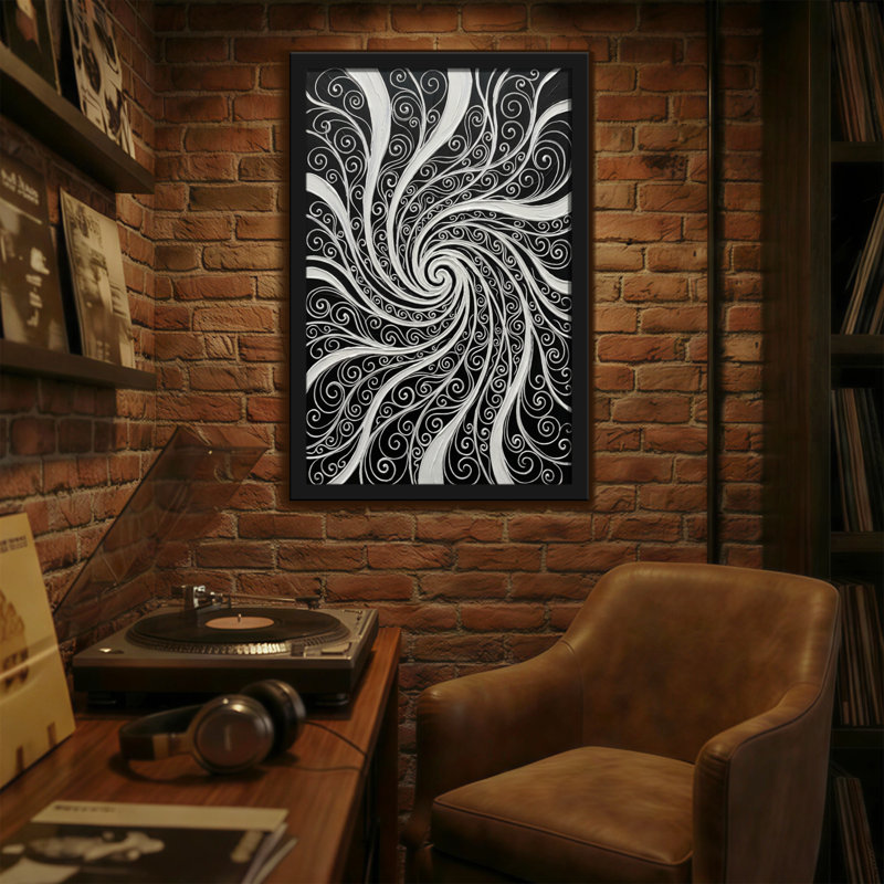 Reproduction d'art abstrait à motif de tourbillons noir et blanc, H 12 po x l 18 po