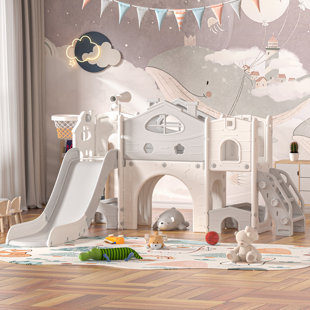 Ensemble de jeu pour enfants avec grimpeur, château autoportant pour tout-petits avec basketball, espace de rangement, tunnel pour l'intérieur et l'extérieur, cadeau pour les enfants