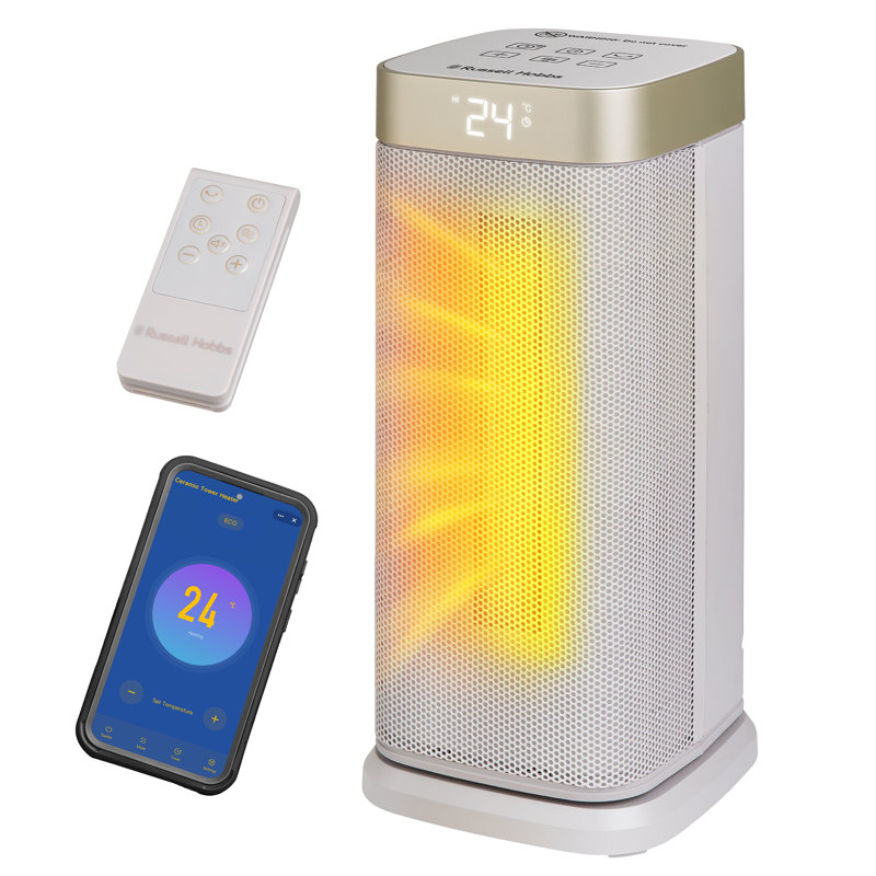 Russell Hobbs® RHCTH2002G-SMT, Square Design 2000W Smart Wi-Fi Enabled Oscillating Ceramic Heater with Digital Display in Black & Gold