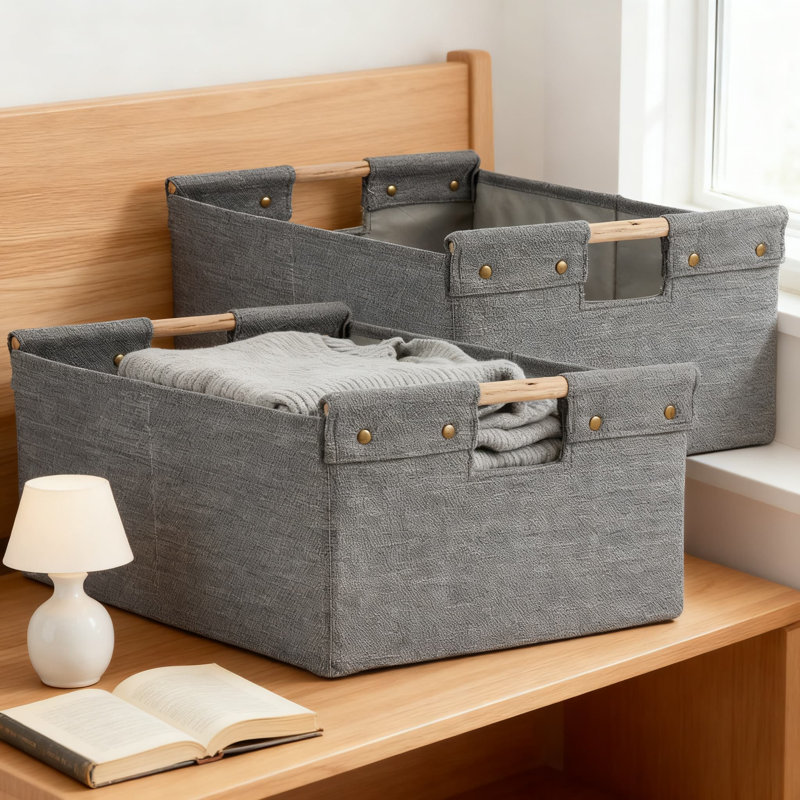Foldable Fabric Storage Bins With Wooden Handles, Washable Decorative Organizer Box For Home Closet Laundry Shelf Organization