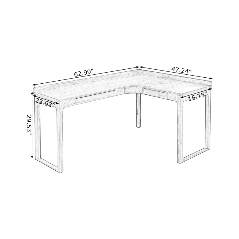 Bureau brun en L en bois massif avec 2 tiroirs, 29.53" H x 62.99" W x 47.24" D, Right Hand Return