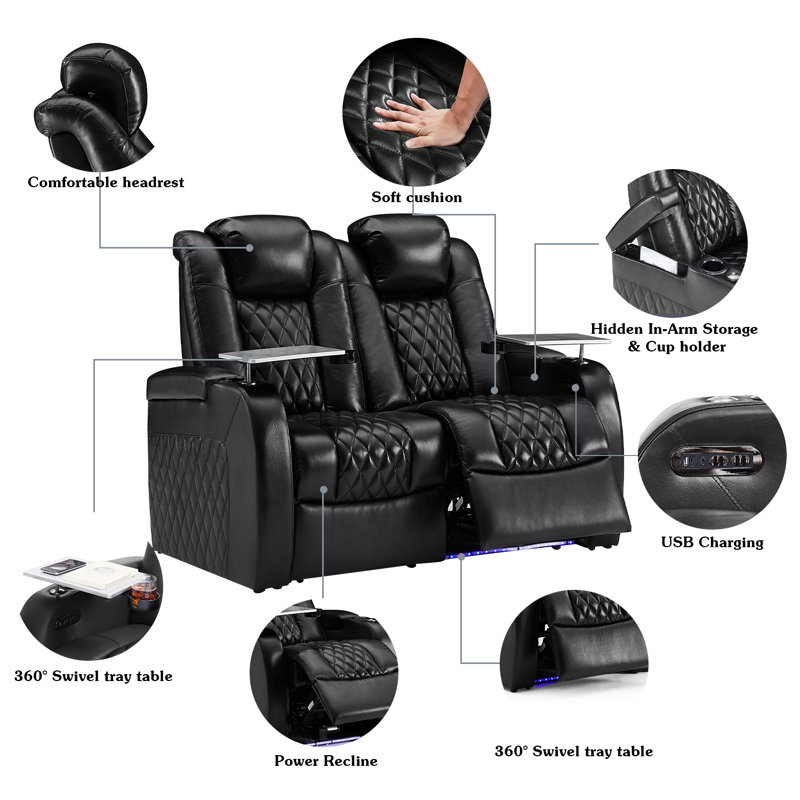 Top Grain Leather Home Theater Seating with USB Ports and Cup Holders Power Recliner Chair Row of 3