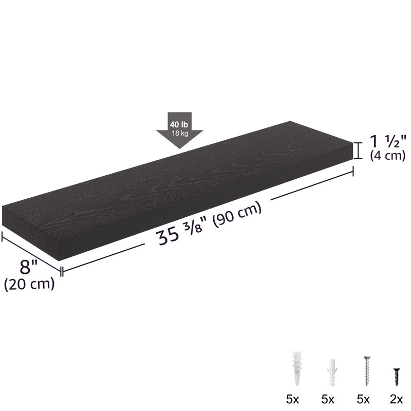 Miami 36" Floating Shelf for Wall, 8" Depth Long Mounted Wall Shelf, Black, 1.5" H x 36" W x 8" D