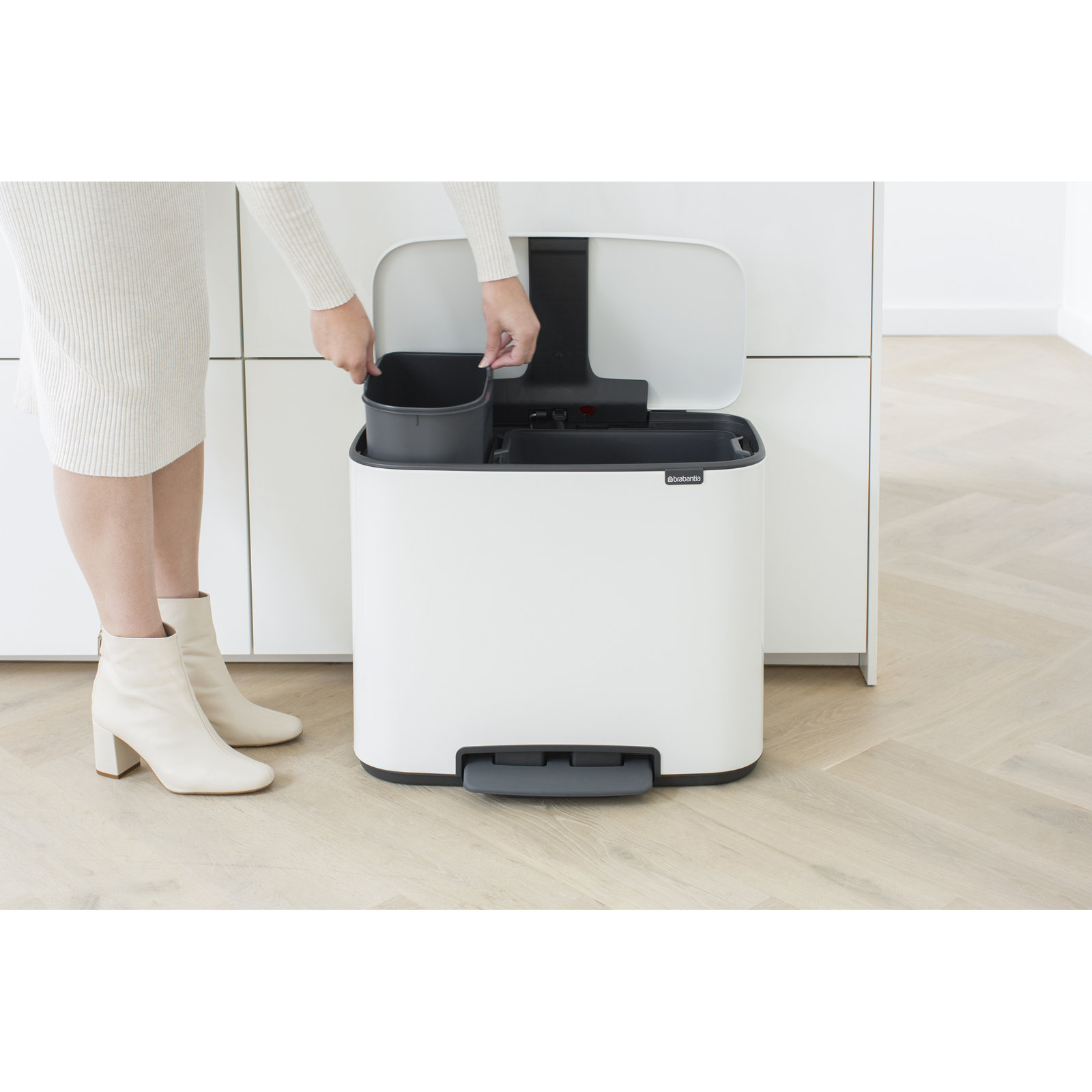 Brabantia Bo Step On Dual Compartment Recycling Trash Can 3 + 6 Gallon (9 Gallon Capacity), White