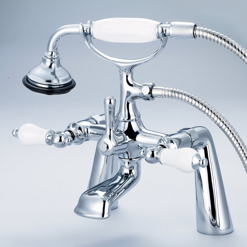 Stonington 3 Handle Deck Clawfoot Tub Faucet, Hand Polished, Richly Triple Plated Chrome Finish, Porcelain Lever Handles
