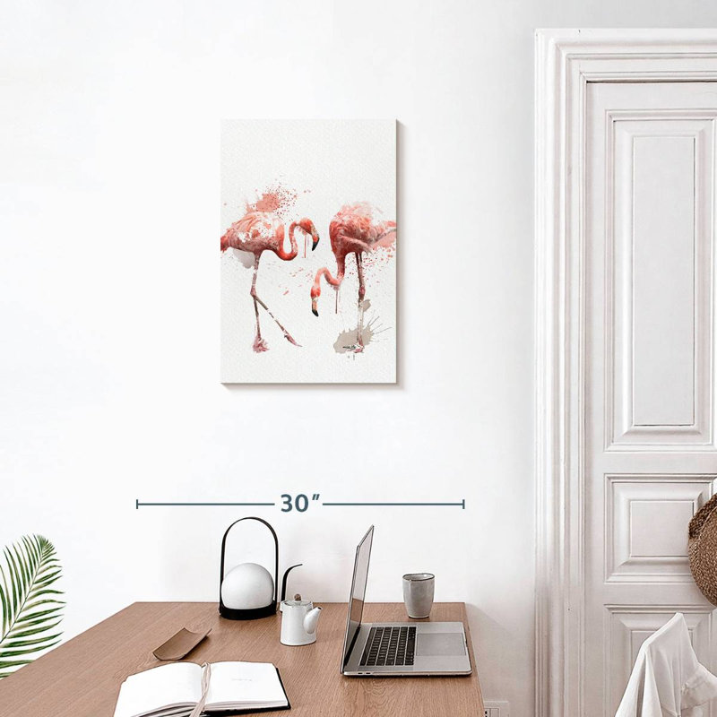 Paire de flamants roses à l'aquarelle, H 24 po x l 16 po