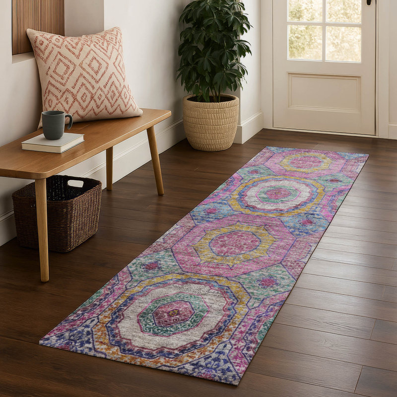Premium Machine Washable Mayfield Panel Rug, Pink, 2'3" x 7'6" Runner
