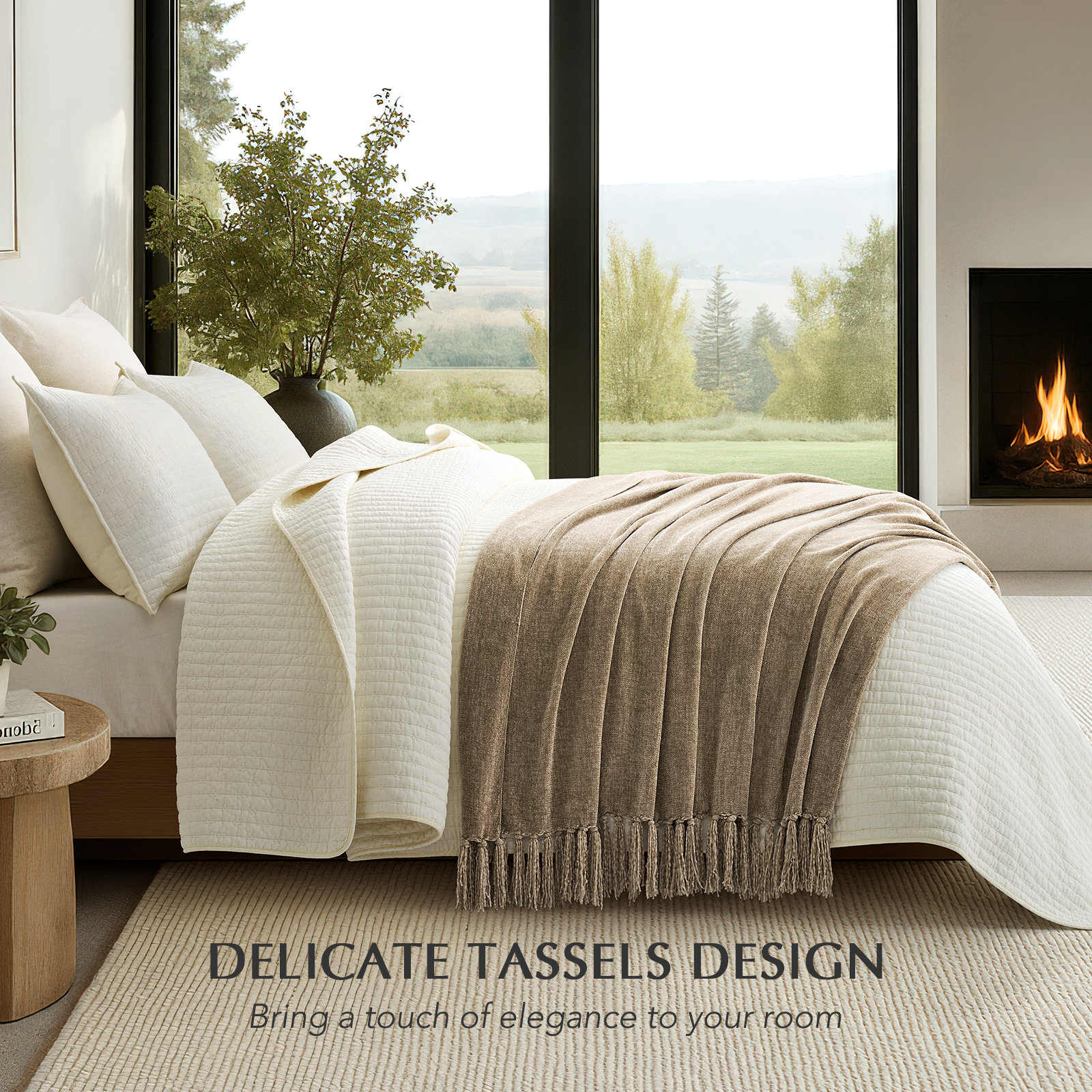Chenille Throw Blanket, Beige, 60" L x 50" W
