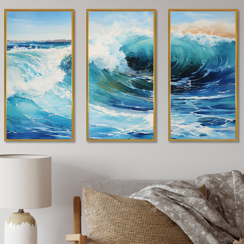 Beach Sunrise Tranquil Horizons IV - Ensemble de salon art mural océan, Cadre flottant doré, H 40 po x l 60 po x P 1 po