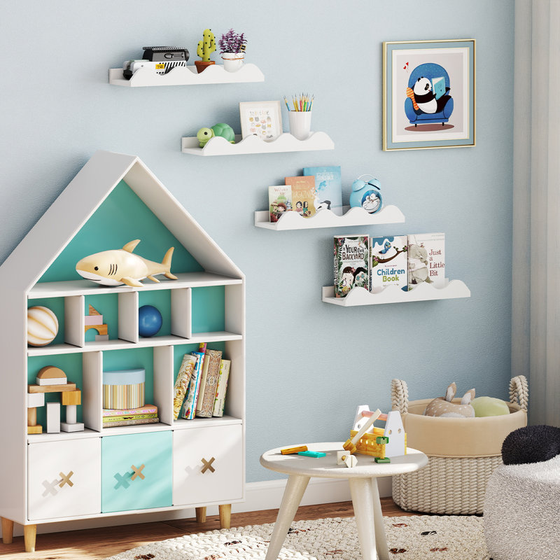 Ensemble de 4 bibliothèque pour enfants avec structure en bois de sapin et bord ondulé blanc, 2" H x 16" W x 5" D