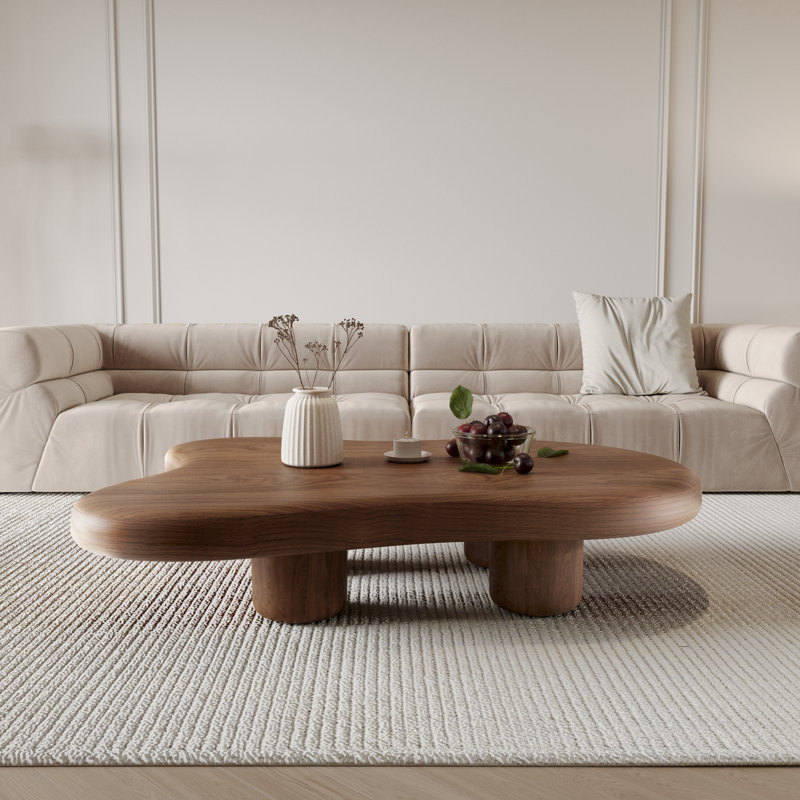 48.43'' Cloud Shaped Coffee Table, Walnut Solid Wood Coffee Table for Home Living Room, Easy Assembled, Brown