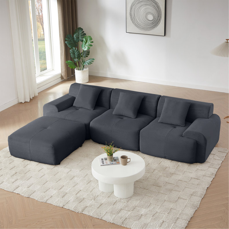 Canapé modulaire moderne en L pour salon, revêtement en velours côtelé, canapé surdimensionné à 3 places avec siège profond et repose-pieds mobile - sans assemblage