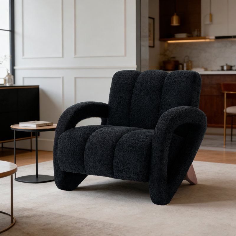 Upholstered Boucle Tufted Armchair with Solid Wood Legs, Black