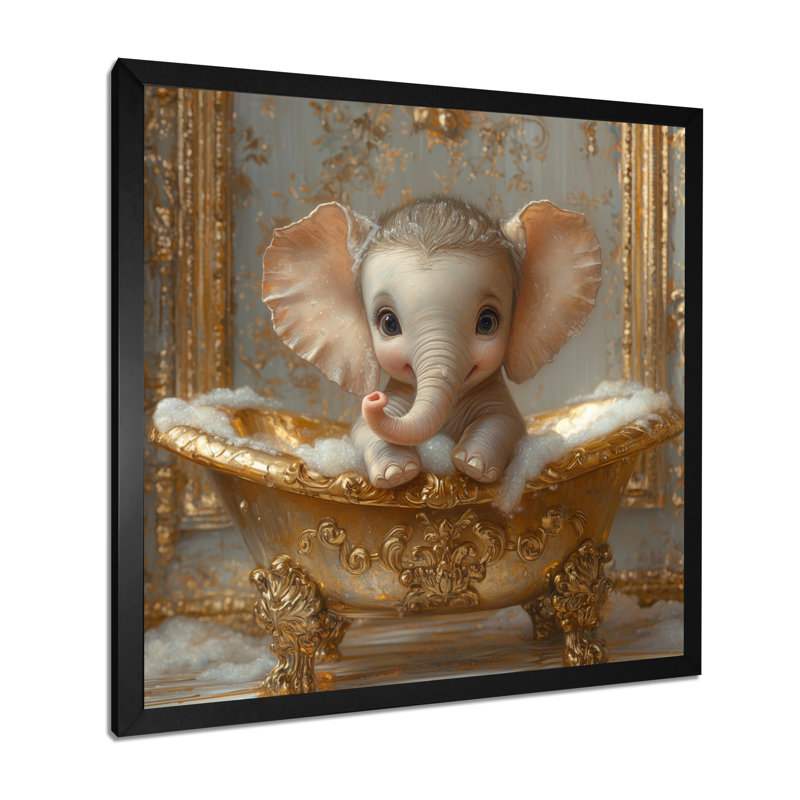 Kemarrion, un mignon éléphant assis dans une élégante baignoire dorée I - art mural de salle de bain, H 16 po x l 16 po