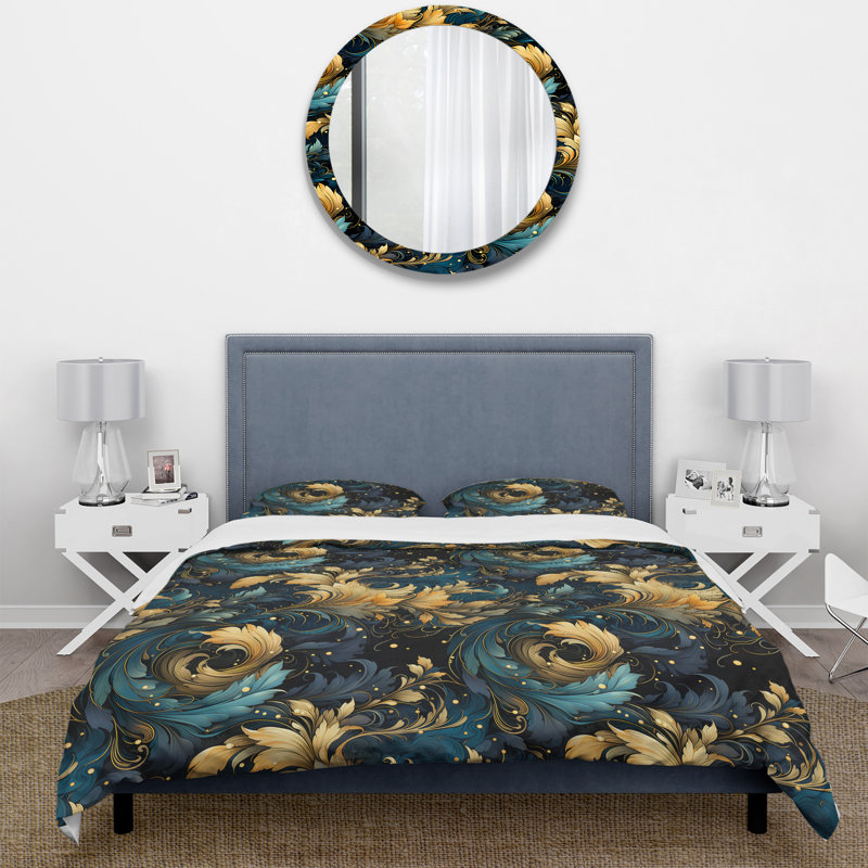 Blue And Yellow Cosmic Damask Whirls - Ensemble de housse de couette en damas