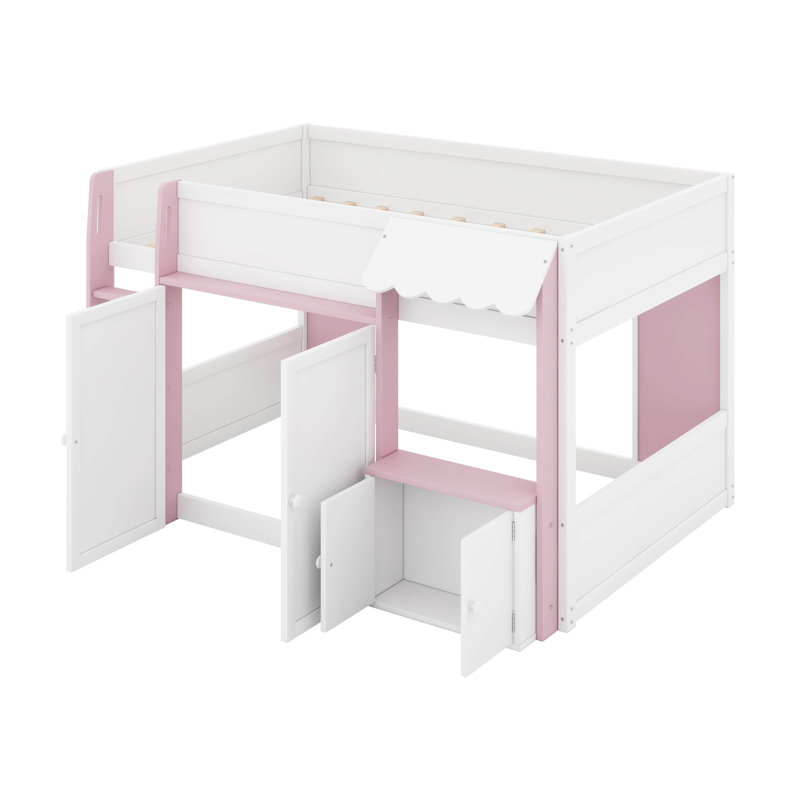 Lit mezzanine double avec rangement, porte et fenêtre, structure de lit en bois avec rangement, Blanc / Rose