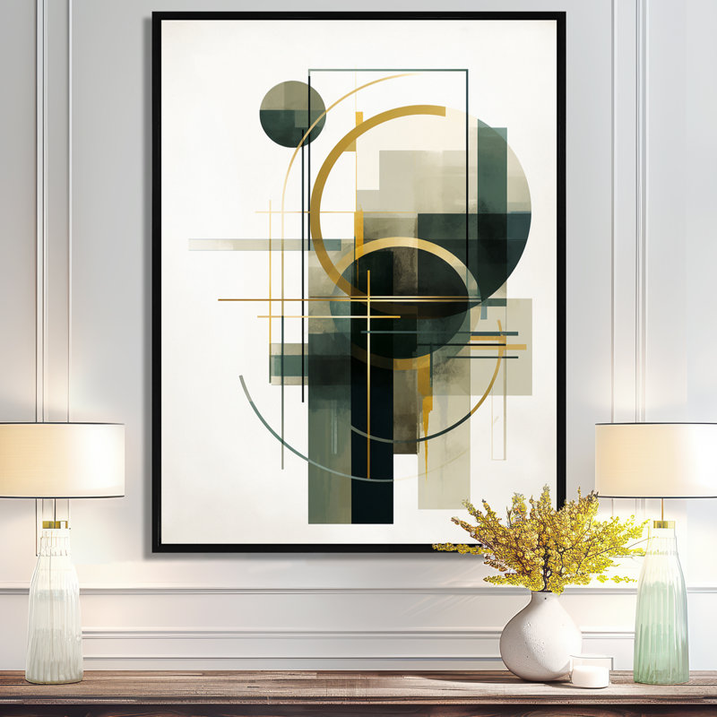 Emerald Gold Retro Geometrics - Minimalisme, art mural, salon, H 44 po x l 34 po x P 1,5 po, Toile avec cadre flottant noir