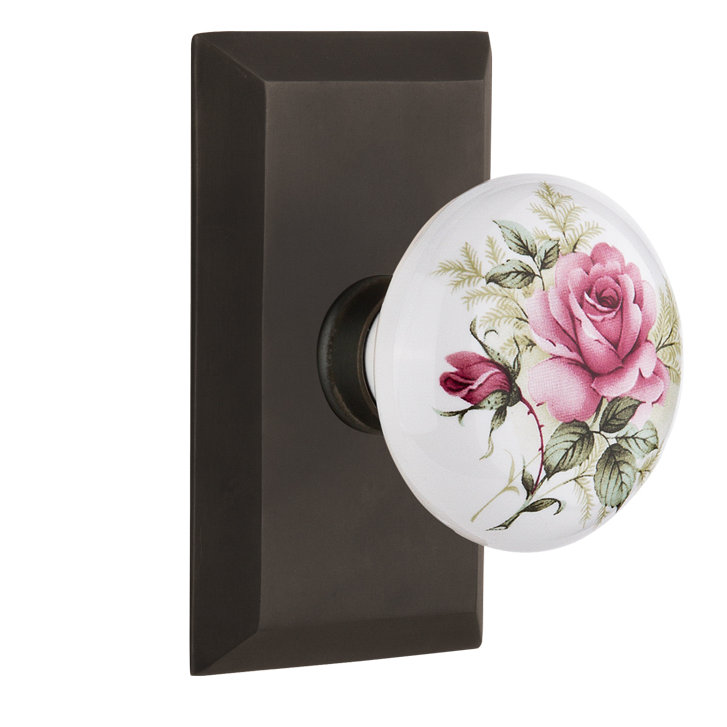 Plaque de studio avec poignée de porte en porcelaine blanche, Bronze frotté à l'huile