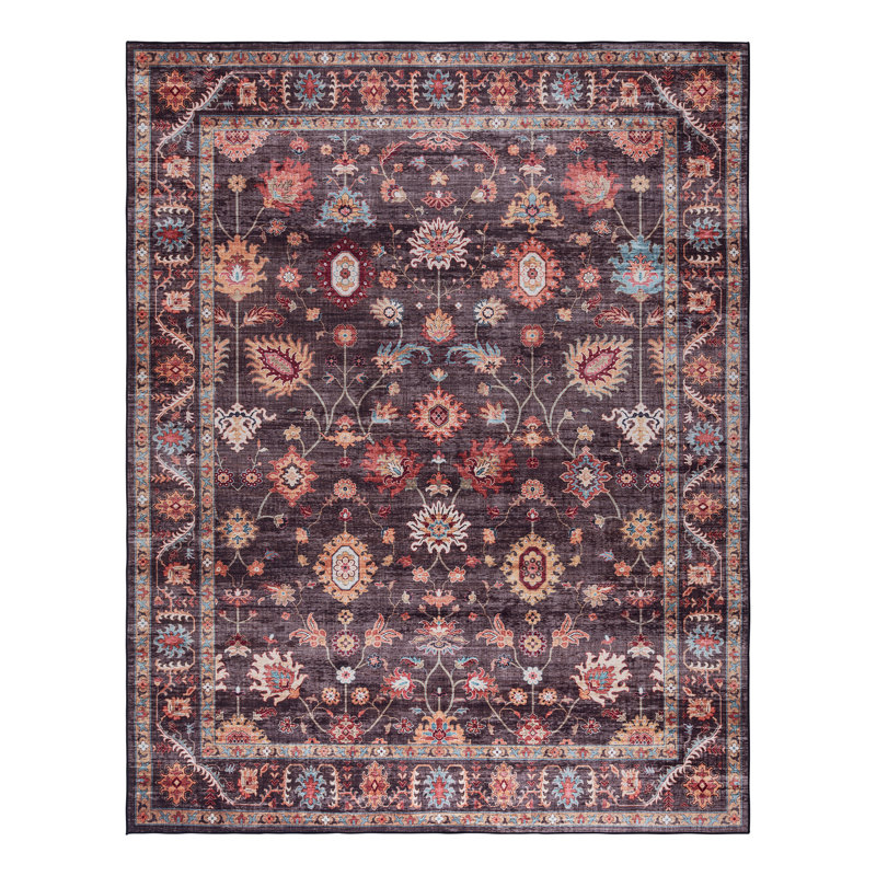 Samira Cullen Machine Washable Floral Border Brown Tan Cream Multi Indoor Area Rug, Transitional Flat Pile for Living Room & Bedroom - Brown, 6x9