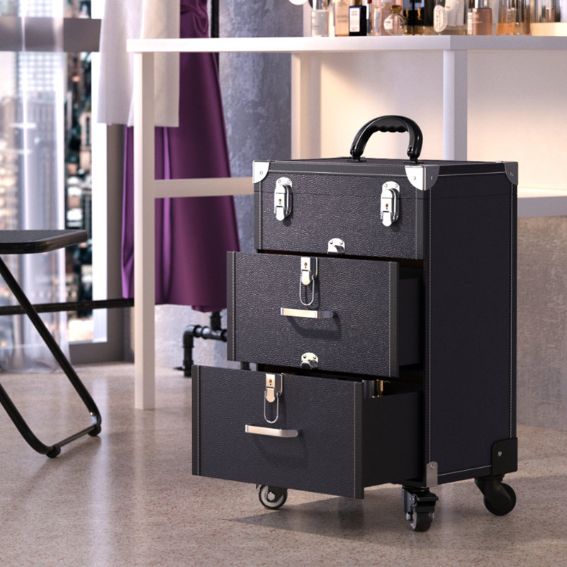 Leather-Covered Two-Drawer + Nail Polish Box Black Makeup Case