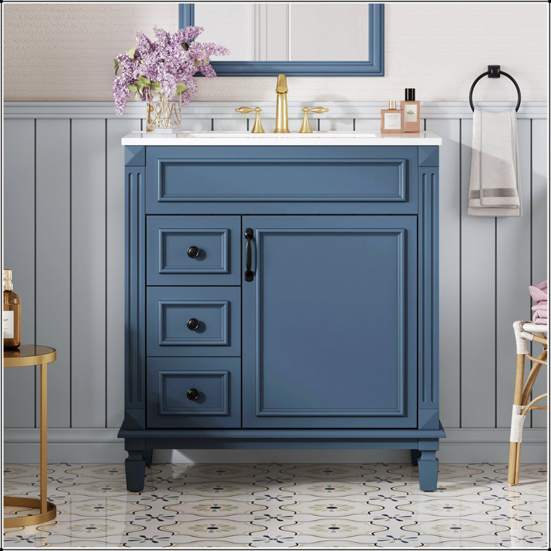 Charmant meuble-lavabo de 30 pouces d'inspiration française avec lavabo en céramique, 2 tiroirs et tablette réglable pour espaces compacts