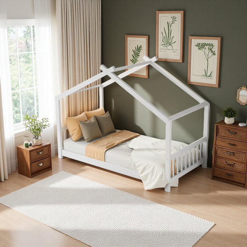 Lit plateforme simple avec tête et pied de lit, Naturel