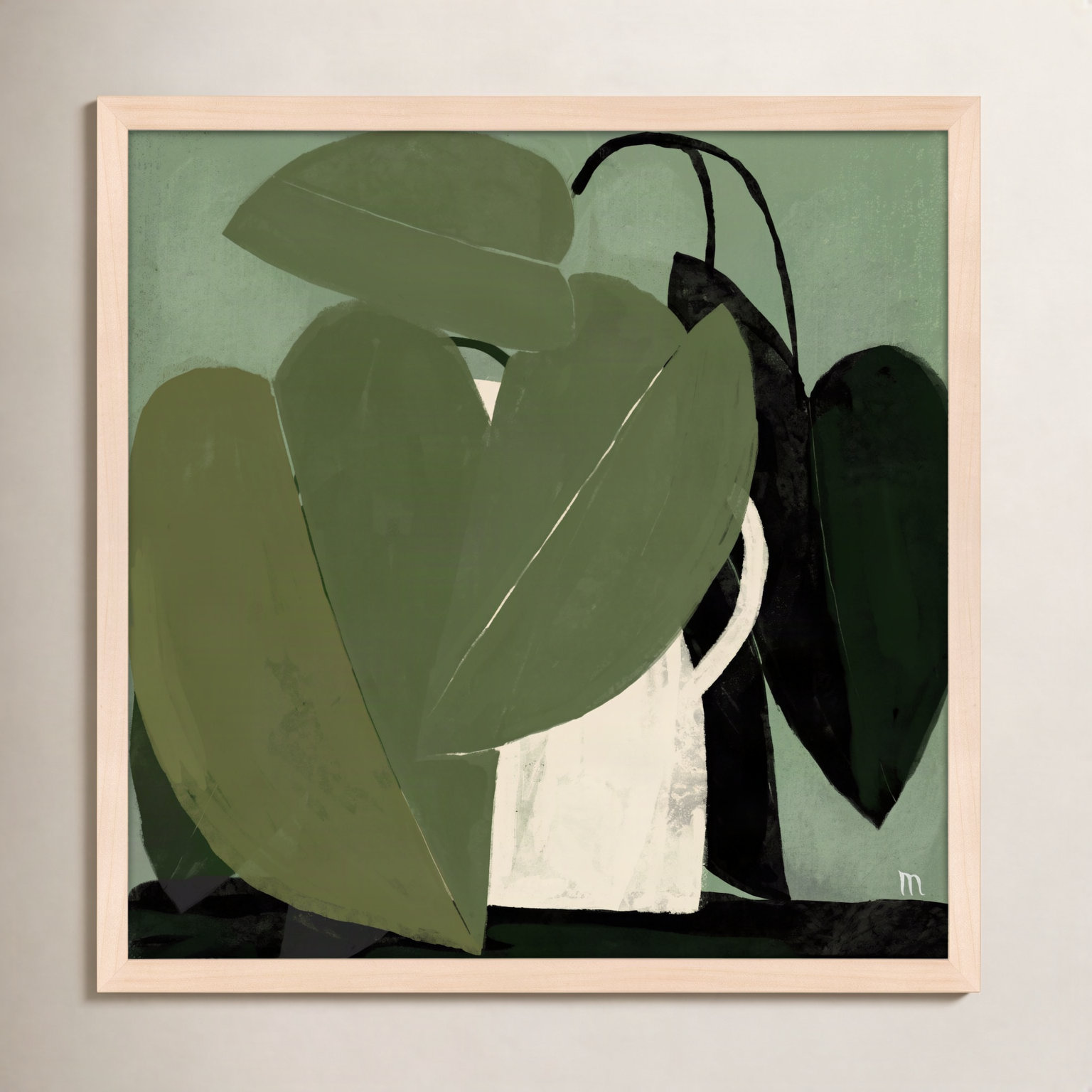 Plant "Green on Green" Painting, 24" H x 24" W x 1.25" D, Brown