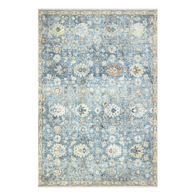 Washable Non-Slip Area Rug - Blue / Beige Traditional Oriental Runner for Entryway, Hallway, Bathroom, and Kitchen