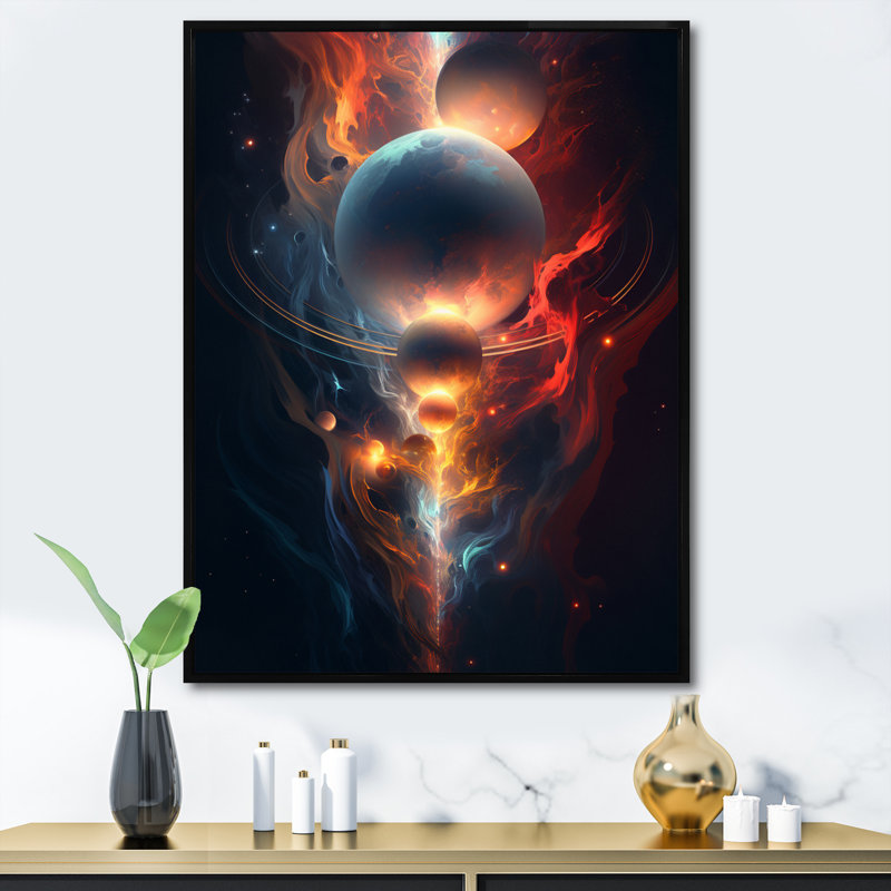 Merveilles universelles orange bleues sur toile, Cadre flottant noir, H 44 po x l 34 po x P 1,5 po