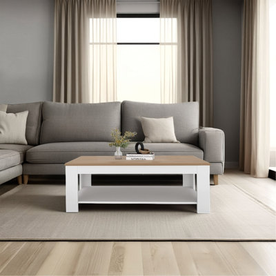 Table basse H 16,20 po, 1 tablette, blanc / chêne naturel - Salon