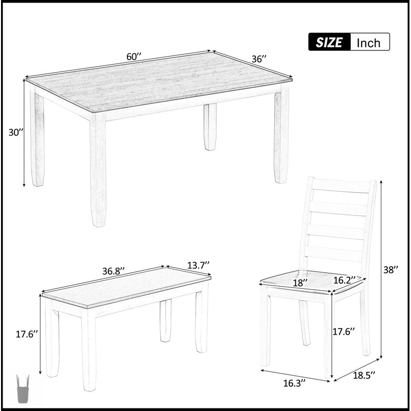 Ensemble de table de salle à manger 6 pièces avec 4 chaises ergonomiques et banc, design chic et rustique pour le confort et le style