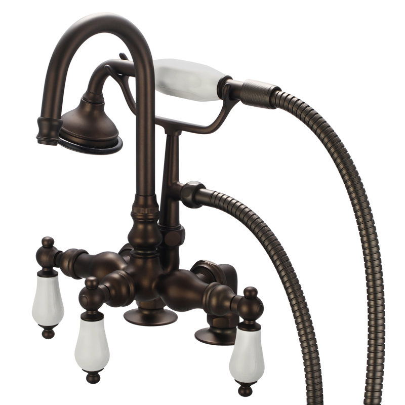 3 Handle Deck Clawfoot Tub Faucet, Porcelain Lever Handles, Polished Nickel
