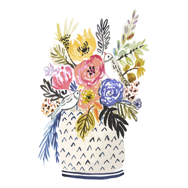 «Leesha Cottage Bird Vase» sur toile par Karen Fields, H 48 po x l 32 po