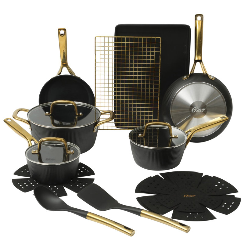 Batterie de cuisine en céramique antiadhésive en aluminium noir 16 pièces avec poignées dorées Oster